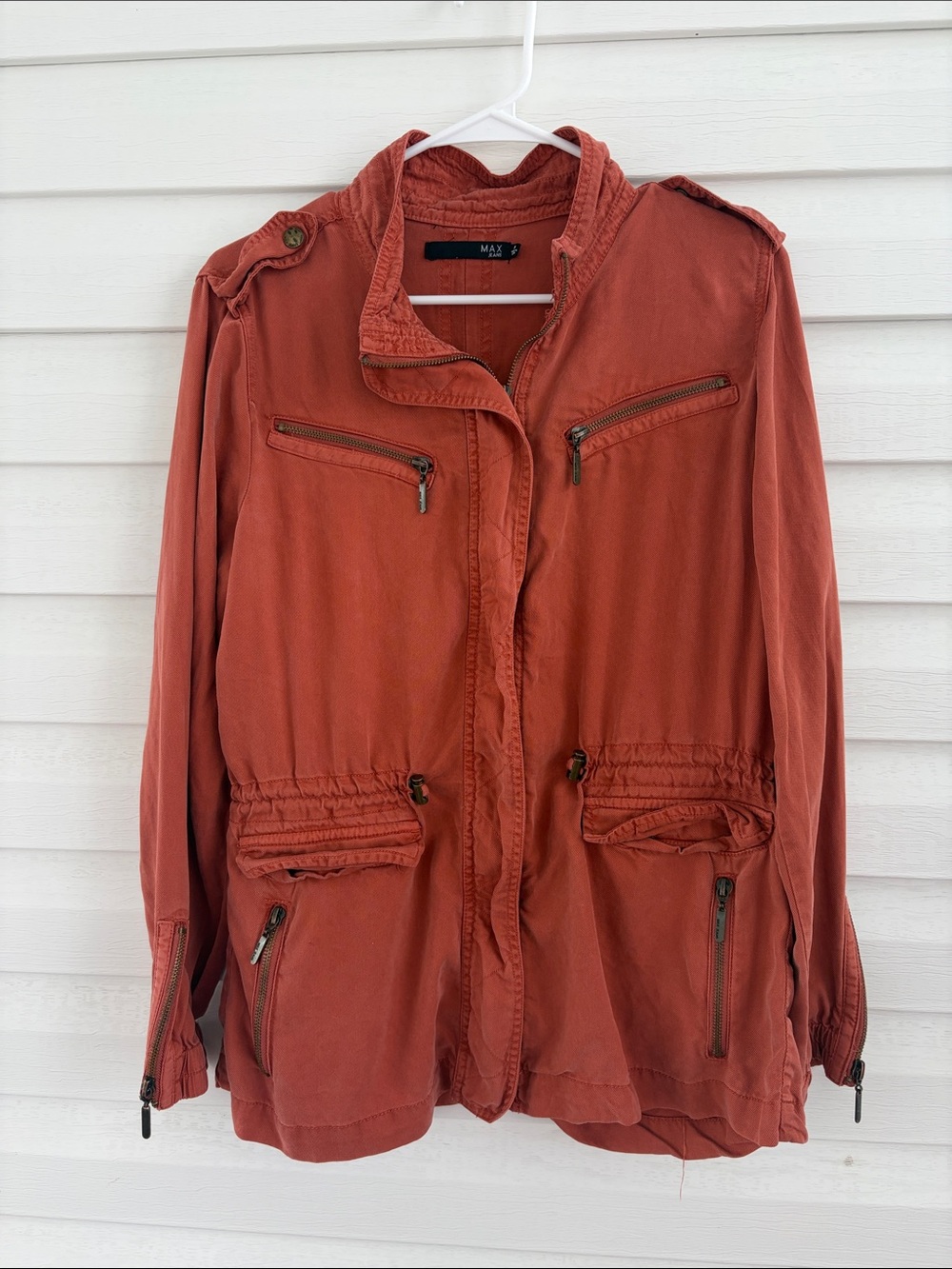 Max Jeans Rust 100% Tencel Utility Jacket M Military Moto Zip Pocket Fall